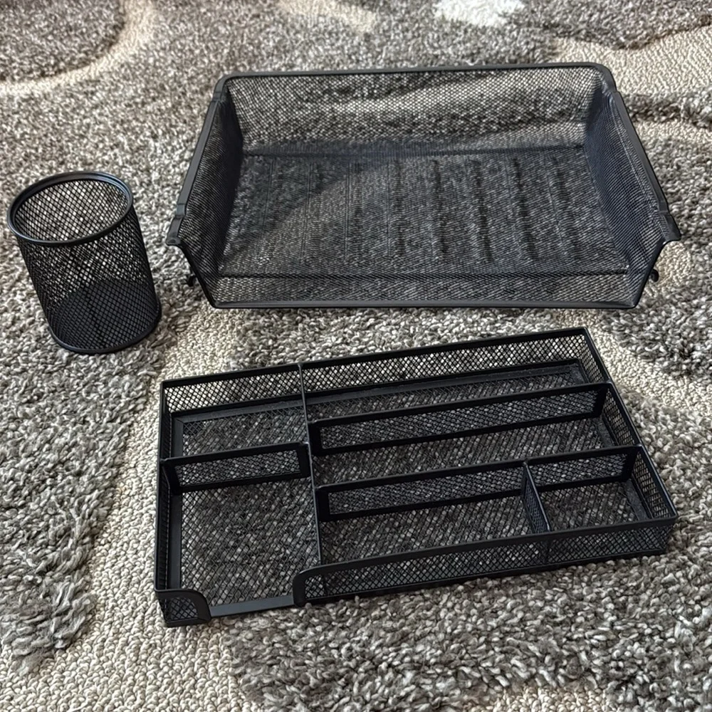 3-Piece Heavy Duty Black Mesh Desk Organizer set.